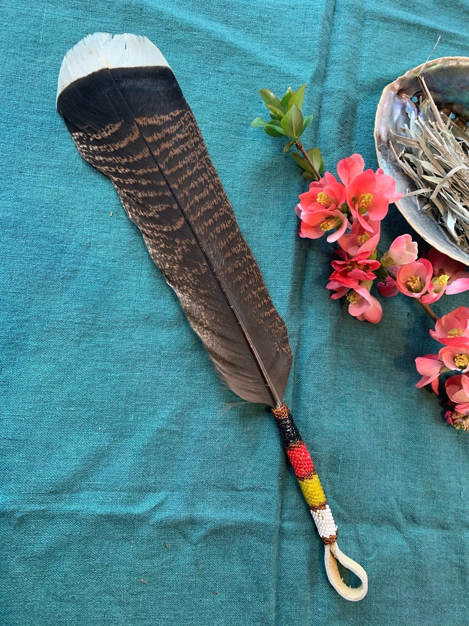 Beaded quill Wild Turkey Feather for smudging and praying. Etsy