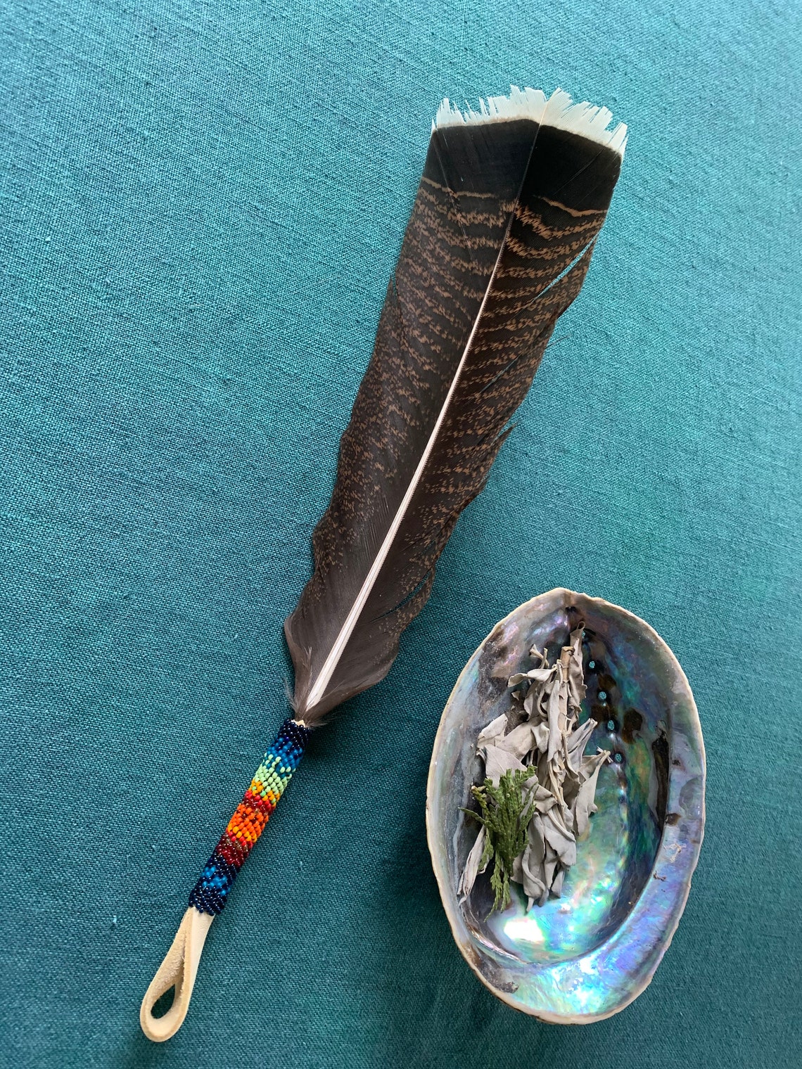 Beaded Quill Wild Turkey Feather for smudging and praying. Etsy