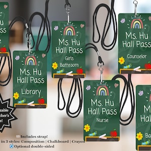 Custom MDF Hall Passes – Composition Notebook Style – Personalized Teacher Set of 6 w/ Strap – Classroom Pass Tags