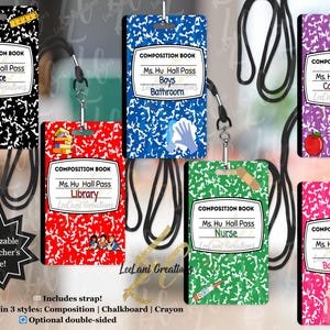 Custom MDF Hall Passes – Composition Notebook Style – Personalized Teacher Set of 6 w/ Strap – Classroom Pass Tags