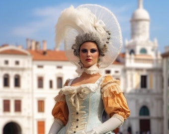 Exquisite Venetian Costume: Elegant Dress for Venetian Masquerades, Carnivals, and Events with Gold Embellishments!