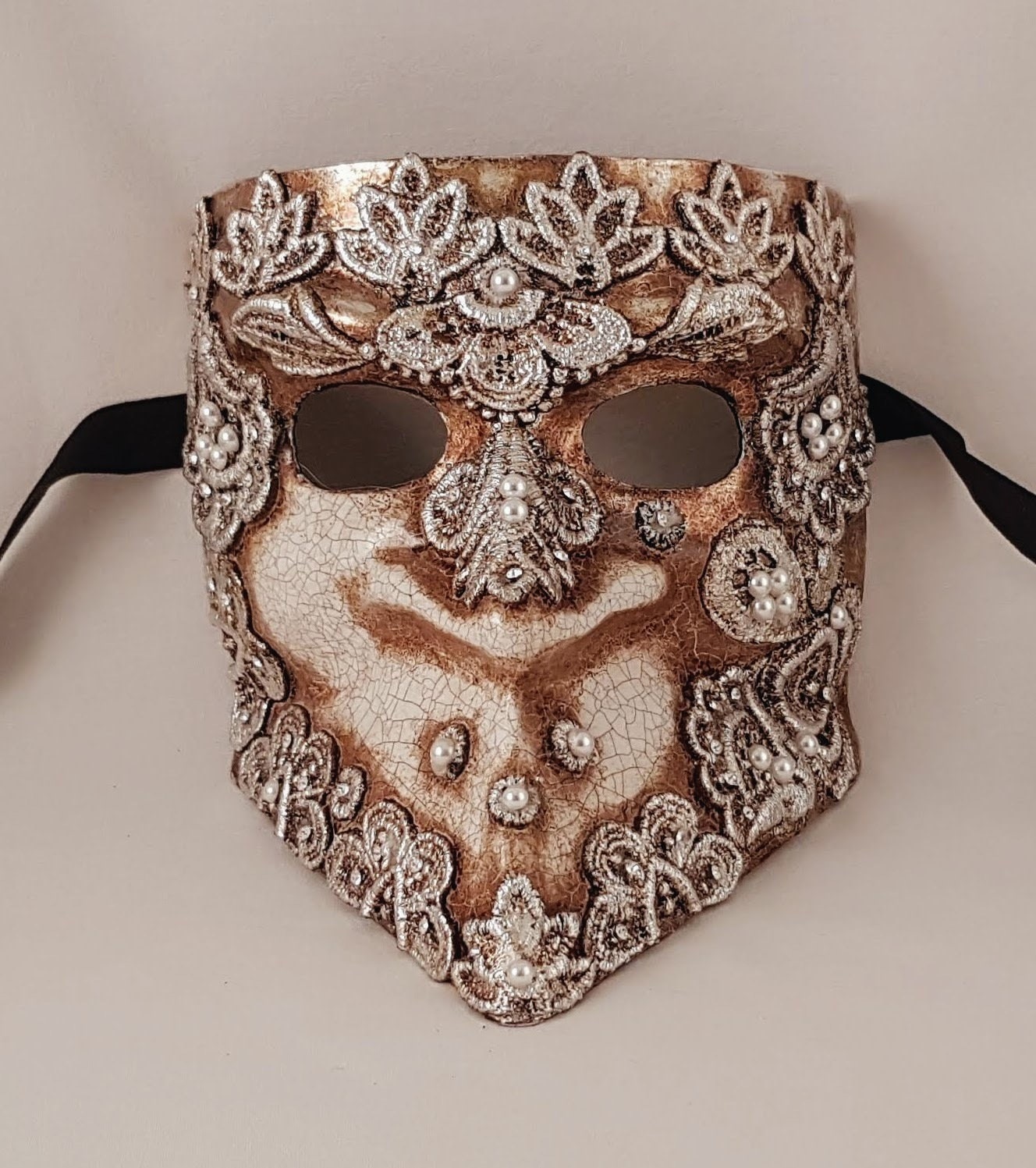 Bauta Fancy White and Silver Venetian Stick Mask