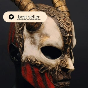 Enigmatic Half-Face Demon Mask.&quot; Crafted to intrigue, this striking white and red masquerade carnival mask exudes mystery and allure.
