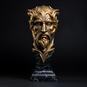 Sculpturale grootsheid: Grieks-Romeinse mythologische zuil met vergulde buste: een meesterwerk van elegantie, prestige en tijdloze grootsheid