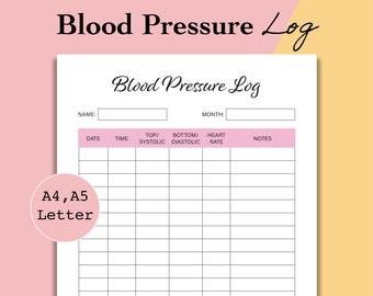 Blood Pressure Log, Blood Pressure Printable Planner, Daily Weekly Blood Pressure Tracker Insert - A5, A4, Letter, PDF, Downloadable