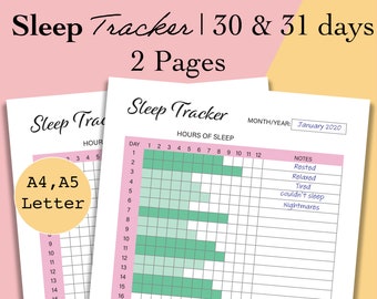 Sleep Tracker A5 PDF, Planificador mensual de seguimiento de sueño imprimible, Registro diario de sueño A5, Plantilla de diario de sueño, Planificador de salud, A4, Carta, BUJO