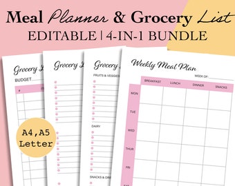 Editable Meal Planner Printable and Grocery List, Weekly Menu Planner PDF, Shopping List Template, Weekly Meal Prep Inserts, A5, A4, Letter