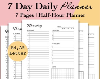 7 Day Planner Printable, A5 Daily Half Hour Planner PDF, Daily Hourly Planner Page, Undated Daily Schedule, Day Organizer Insert, A4, Letter