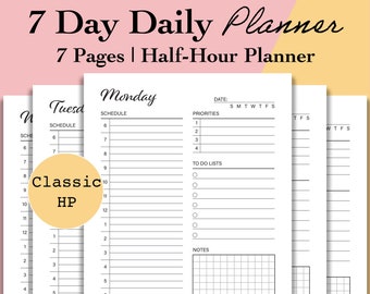 Planificador de 7 días imprimible, Página del planificador semanal por hora del Happy Planner clásico, Hojas diarias de media hora, PDF de programación diaria, Inserciones clásicas de HP
