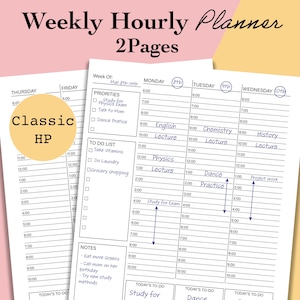 May include: A weekly hourly planner with a classic design. The planner has a black and white color scheme and includes sections for Monday through Wednesday. The planner has a to-do list, notes section, and space for daily tasks. The planner is for the week of March 8th to 14th.