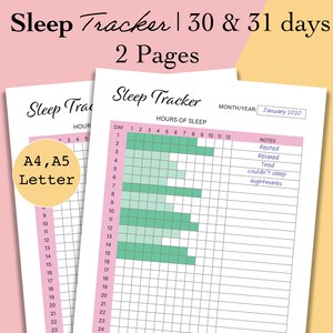 May include: A printable sleep tracker with a pink and green color scheme. The tracker is designed for 30 or 31 days and includes a section for noting sleep quality with options like "Rested", "Relaxed", "Tired", "Couldn't sleep", and "Nightmares".