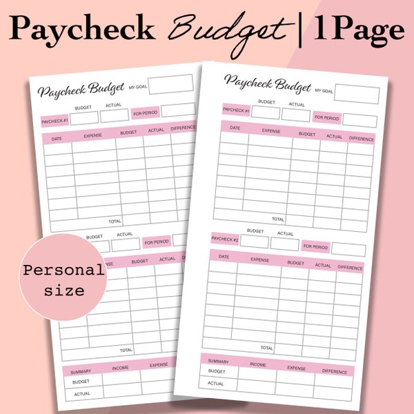 Personal Size Paycheck to Paycheck Budget Printable, Zero based budget template PDF, Personal Planner Insert, Personal Ring Inserts, Filofax