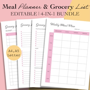 Planificateur de repas modifiable imprimable et liste d&#39;épicerie, Planificateur de menu hebdomadaire PDF, Modèle de liste de courses, Insertions de préparation de repas hebdomadaires, A5, A4, Lettre