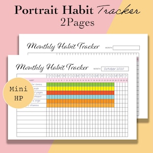 May include: A printable monthly habit tracker with a grid layout. The tracker has a section for the month, a list of habits, and a grid for each day of the month. The habits listed are: "For 15mins", "Walk", "O pages", "rtment", "is Yoga", and "Vitamins". The month is October 2020.