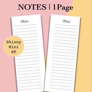 Pode incluir: Duas inserções de papel branco pautado para um planejador, com a etiqueta "Notas" no topo. O texto "NOTES | 1Page" está no topo. Um adesivo redondo diz "Skinny Mini HP". O fundo é rosa e amarelo.