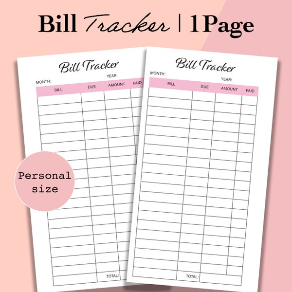 Personal Size Bill Tracker Printable Template, Bill Pay Checklist Inserts, Monthly Bill Organizer, Bills Due PDF, Filofax, Digital Download