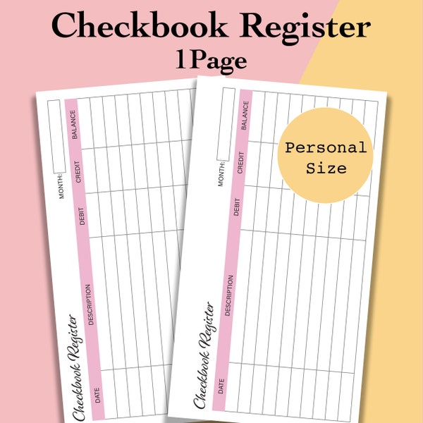 Personal Size Checkbook Register Printable, Checkbook Register Book, Checking Register Template PDF, Check Register Planner Pages - Filofax