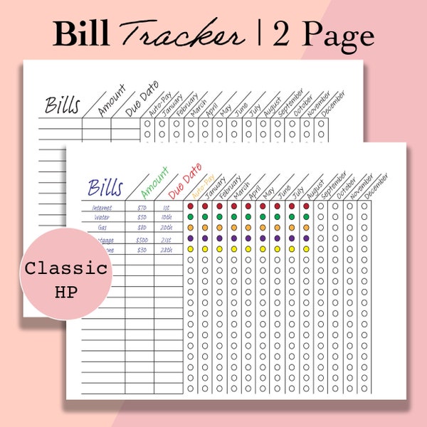 Klassieke Happy Planner Bill Tracker afdrukbare inzetstukken, maandelijkse/jaarlijkse factuur organisator PDF, factuur betalen checklist sjabloon, klassieke HP inzetstukken
