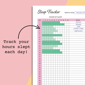 May include: A printable sleep tracker with a grid for tracking hours slept each day. The grid has columns for each hour of the night, from 1 to 12, and rows for each day of the month. There is a notes column for recording sleep quality or any other relevant information. The month and year are January 202.