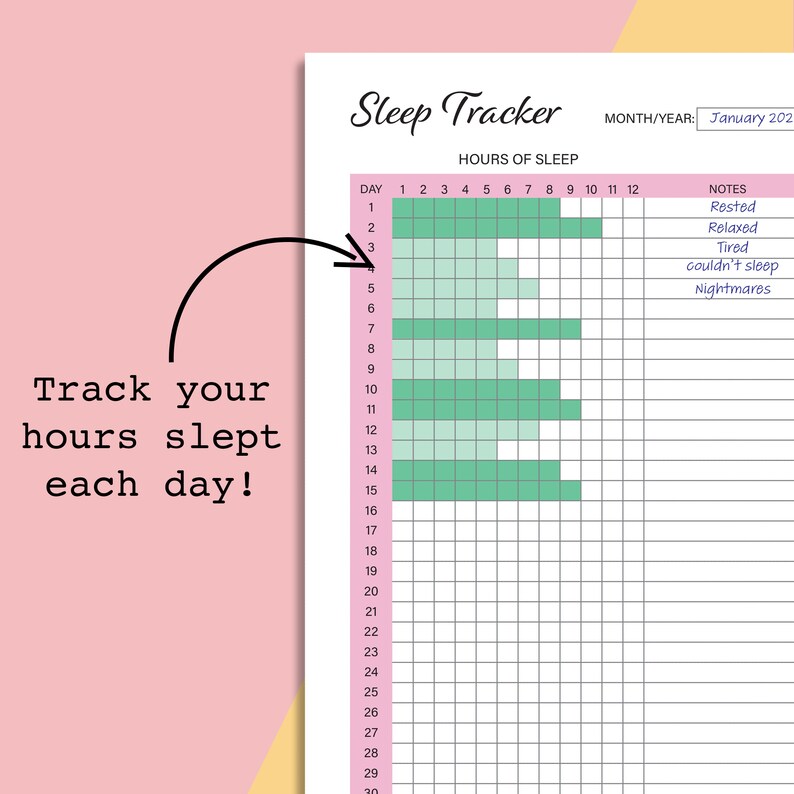 May include: A printable sleep tracker with a grid for tracking hours slept each day. The grid has columns for each hour of the night, from 1 to 12, and rows for each day of the month. There is a notes column for recording sleep quality or any other relevant information. The month and year are January 202.
