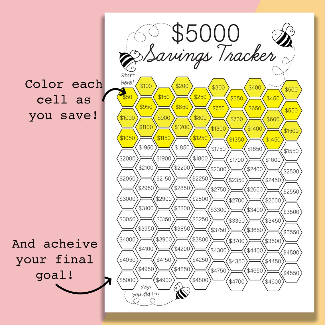 5k Savings Tracker Printable 5000 Savings Challenge Tracker Etsy