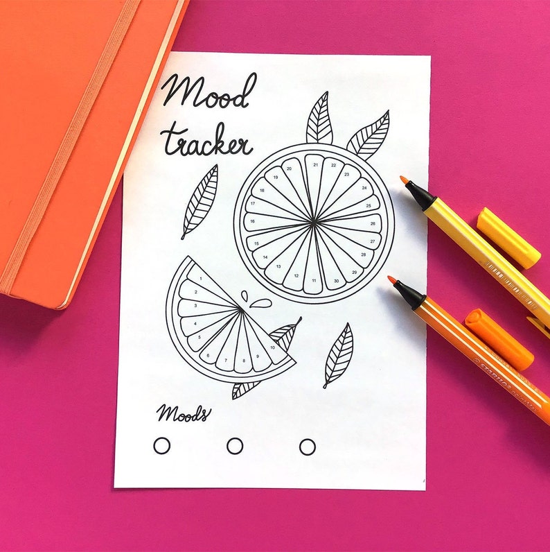 May include: A printable mood tracker with a black and white illustration of a sliced orange. The tracker has numbers 1-31 around the outside of the orange slices. The text "Mood Tracker" is at the top of the page. The text "Moods" is at the bottom of the page with three blank circles.