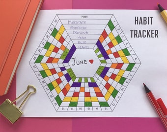 May include: A printable habit tracker for the month of June. The tracker is in the shape of a hexagon with a grid of squares. The squares are colored in red, orange, yellow, green, purple, and white. The tracker includes a list of habits to track, including meditate, exercise, drawing, yoga, build, and plants.