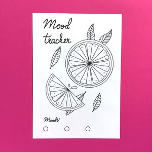 May include: A printable mood tracker with a black and white illustration of a lemon. The tracker is divided into 30 sections, each numbered from 1 to 30. The text "Mood Tracker" is at the top of the page. The text "Moods" is at the bottom of the page.