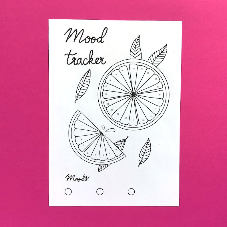 May include: A printable mood tracker with a black and white illustration of a lemon. The tracker is divided into 30 sections, each numbered from 1 to 30. The text "Mood Tracker" is at the top of the page. The text "Moods" is at the bottom of the page.