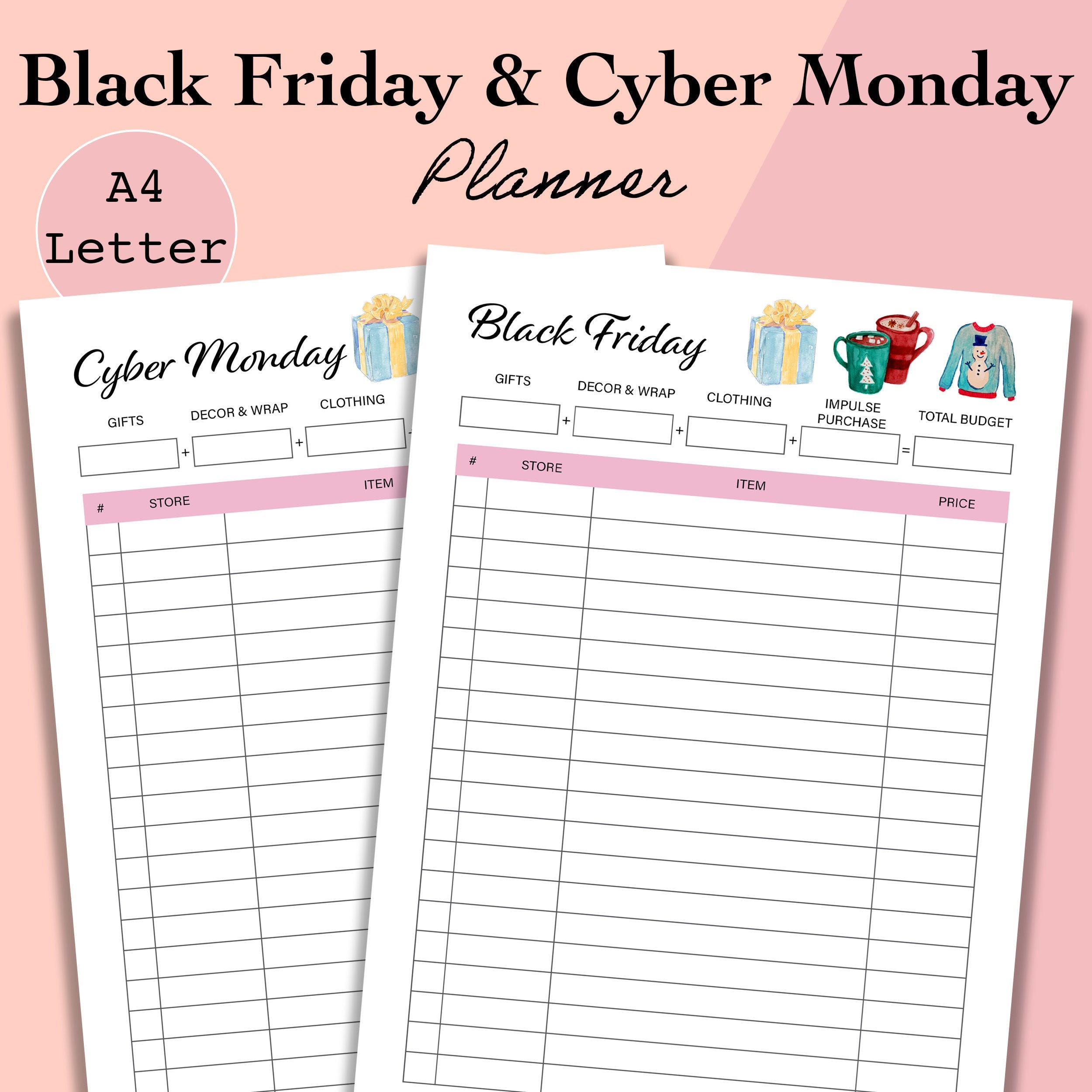 Black Friday Planner Printable, Christmas Gift Shopping List, Cyber