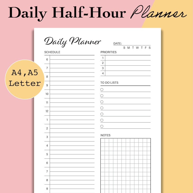 Daily Half Hour Planner PDF Daily Printable Inserts Daily Hourly Daily half hour planner pdf daily printable inserts daily hourly