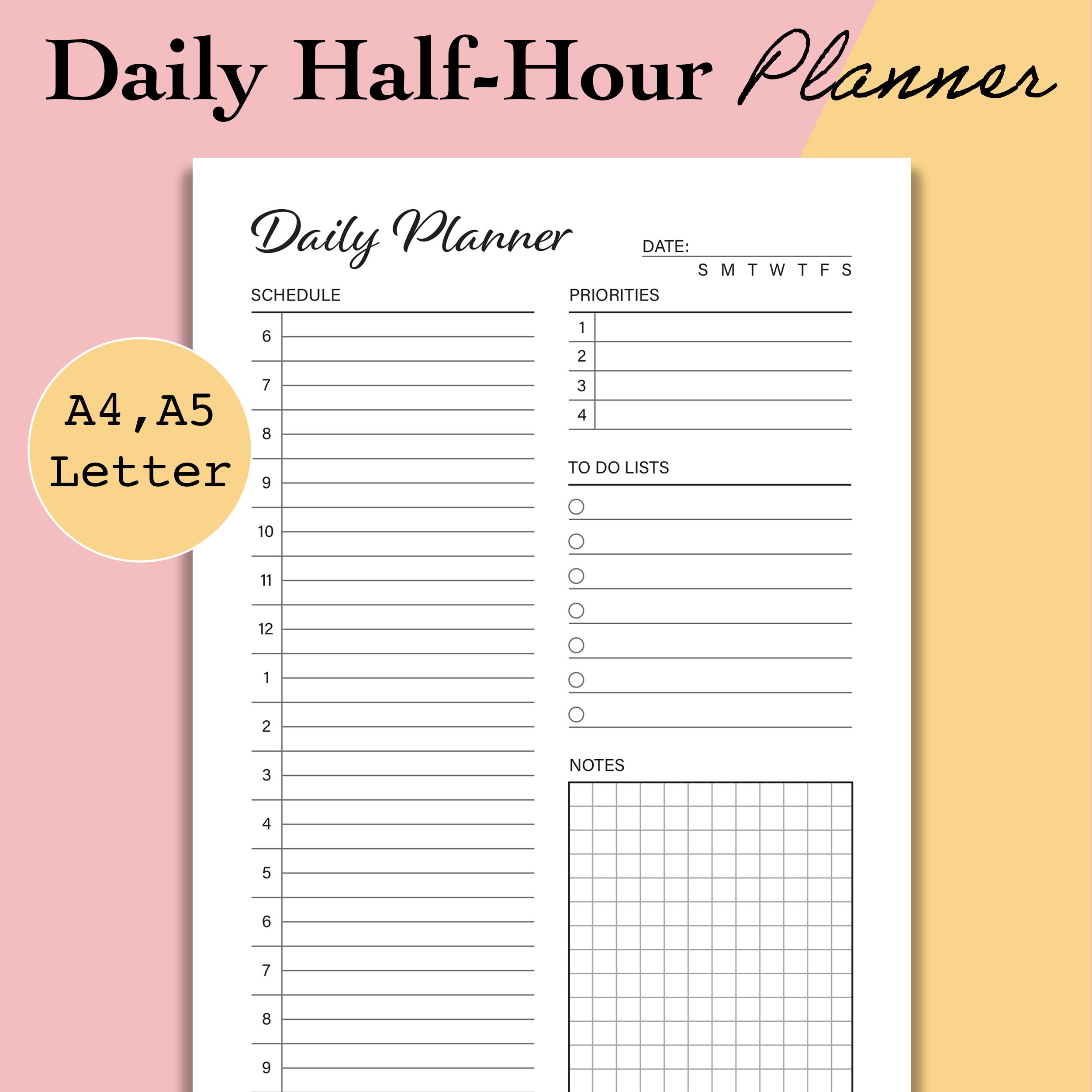 Daily Half Hour Planner PDF, Daily Printable Inserts, Daily Hourly Planner Page, Daily Schedule, to Do List, Day Organizer A5, A4, Letter - Etsy