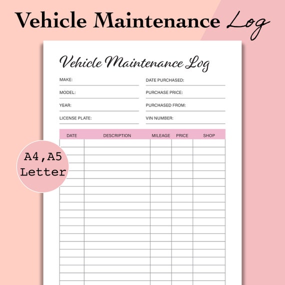 Vehicle Maintenance Log, Car Maintenance Log Printable, Auto Repairs Tracker, Auto Maintenance Log Template - A5, A4, Letter, PDF, Download