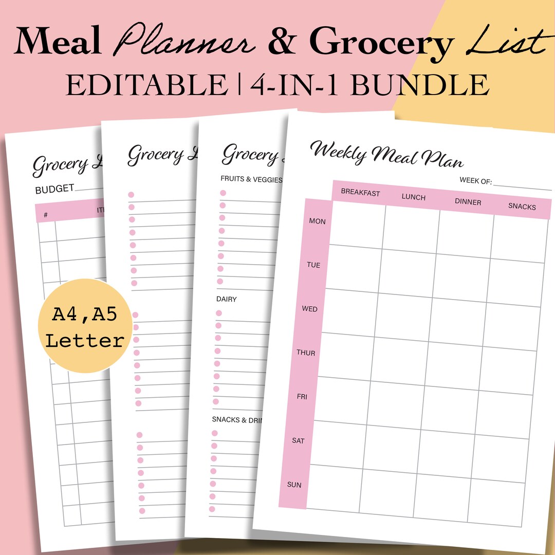 Editable Meal Planner Printable and Grocery List, Weekly Menu Planner ...