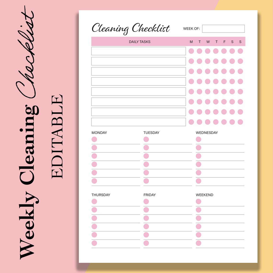 Editable Cleaning Checklist Printable, Daily Weekly Cleaning Schedule ...