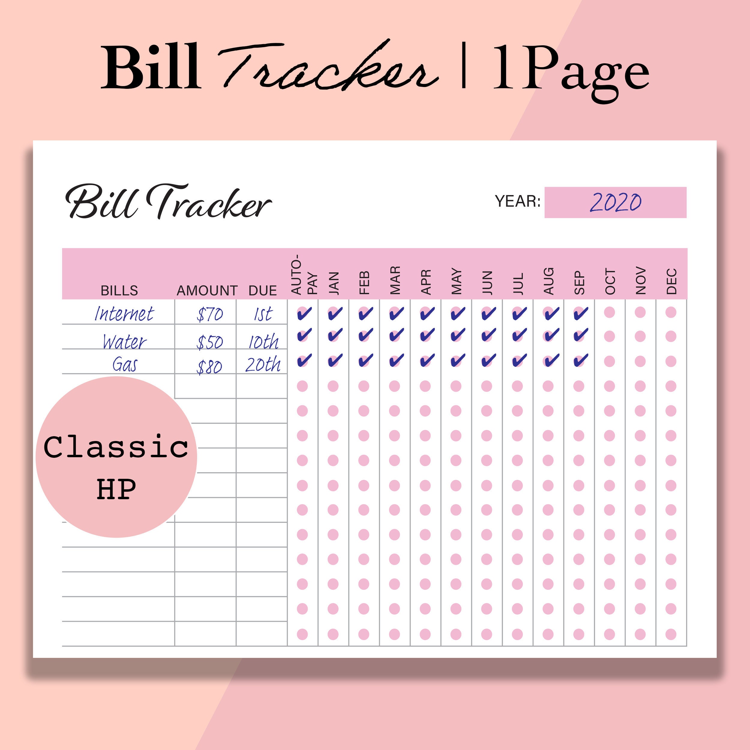 Classic Happy Planner Bill Tracker Printable Inserts, Monthly Yearly ...