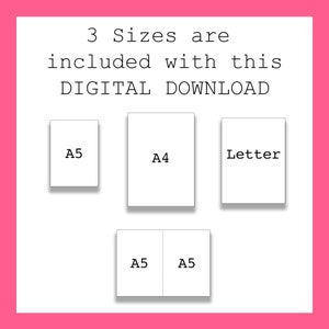 K&ouml;nnte beinhalten: Ein digitaler Download von druckbaren Papiergr&ouml;&szlig;en, einschlie&szlig;lich A5, A4 und Letter. Das Bild zeigt drei wei&szlig;e Rechtecke mit den darin beschrifteten Papiergr&ouml;&szlig;en.