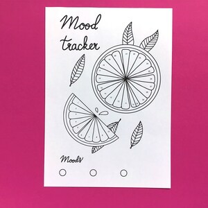 May include: A black and white printable mood tracker with a citrus fruit theme. The tracker is in the shape of a circle with 30 sections, each numbered from 1 to 30. The word "Mood Tracker" is written at the top of the page. There are three blank circles at the bottom of the page labeled "Moods".