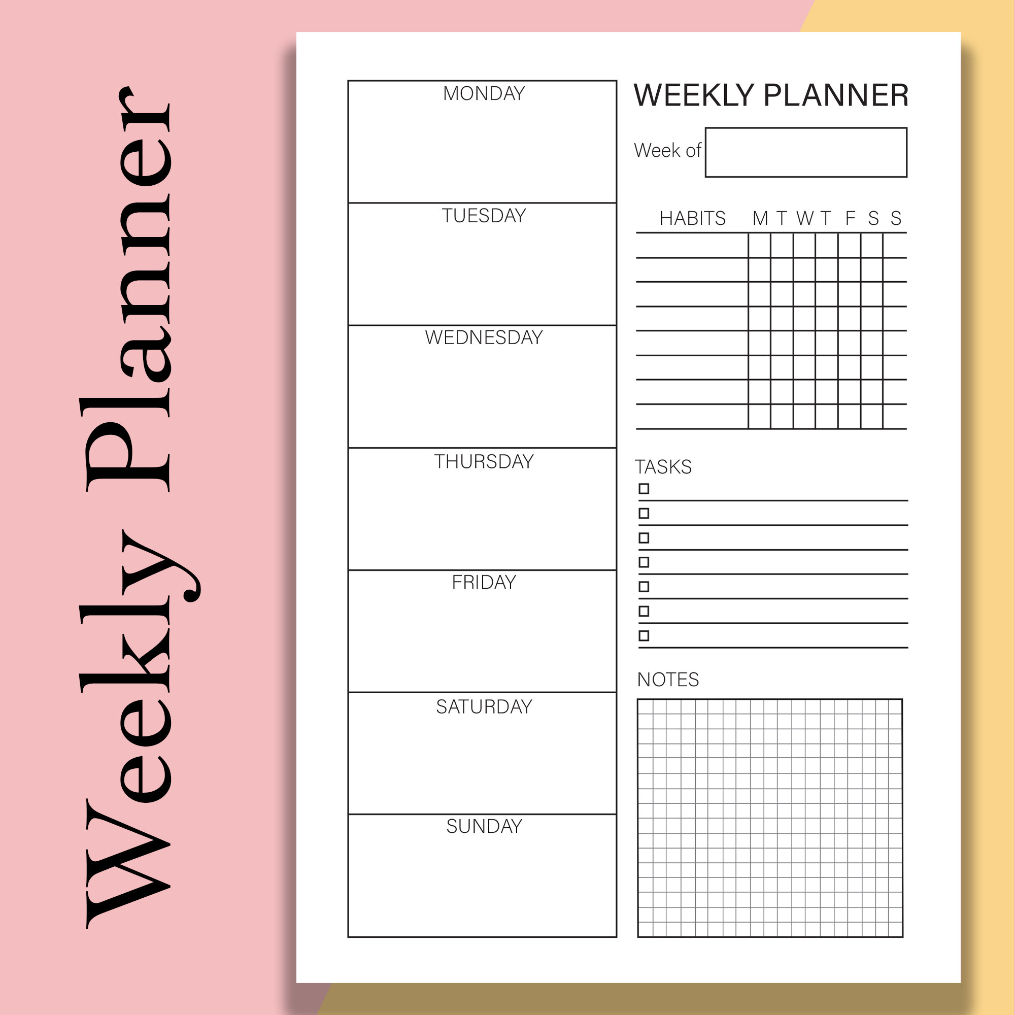WO1P Printable, Undated Week on One Page A5, Weekly Planner Printable Minimal, Horizontal Weekly ...
