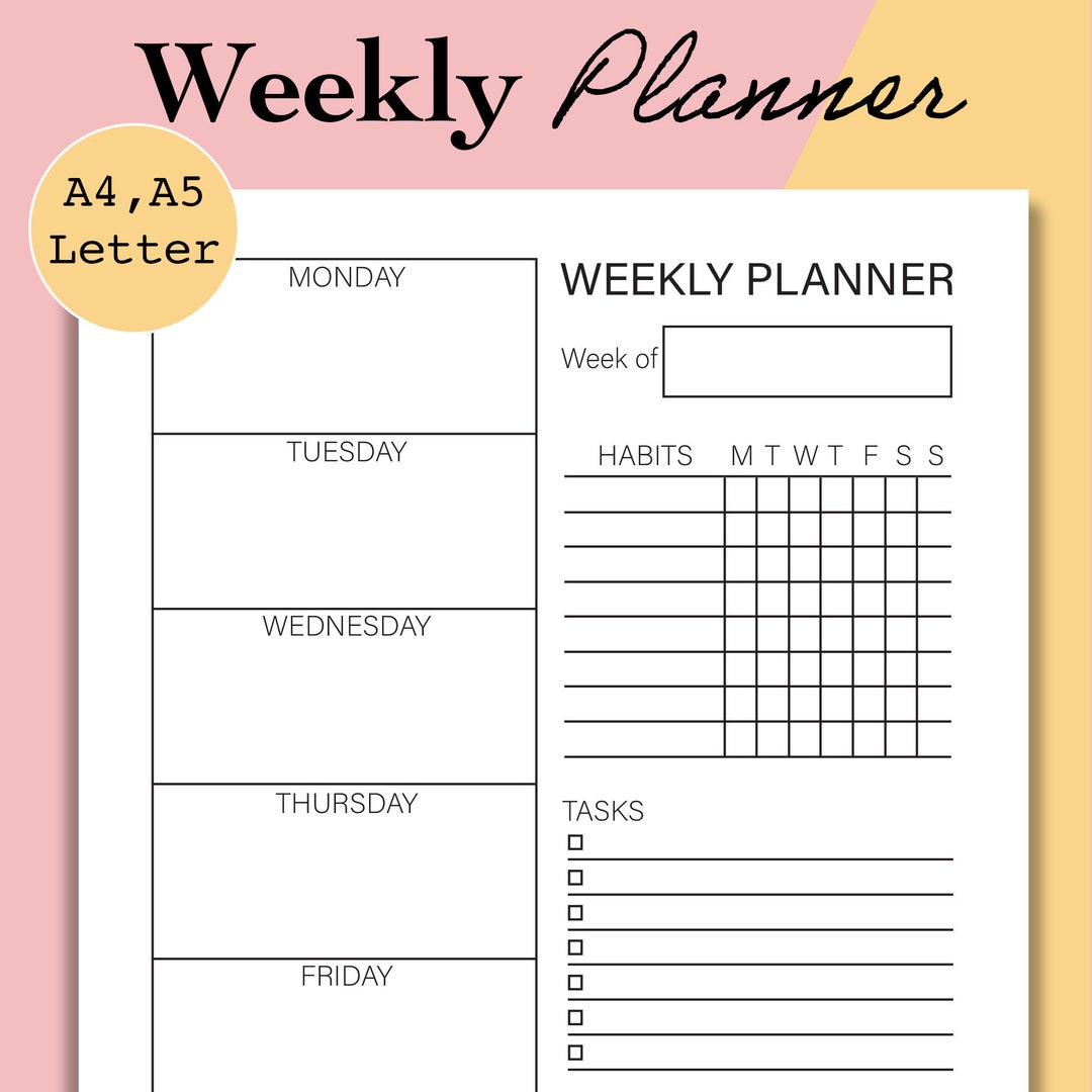 WO1P Printable, Undated Week on One Page A5, Weekly Planner Printable ...