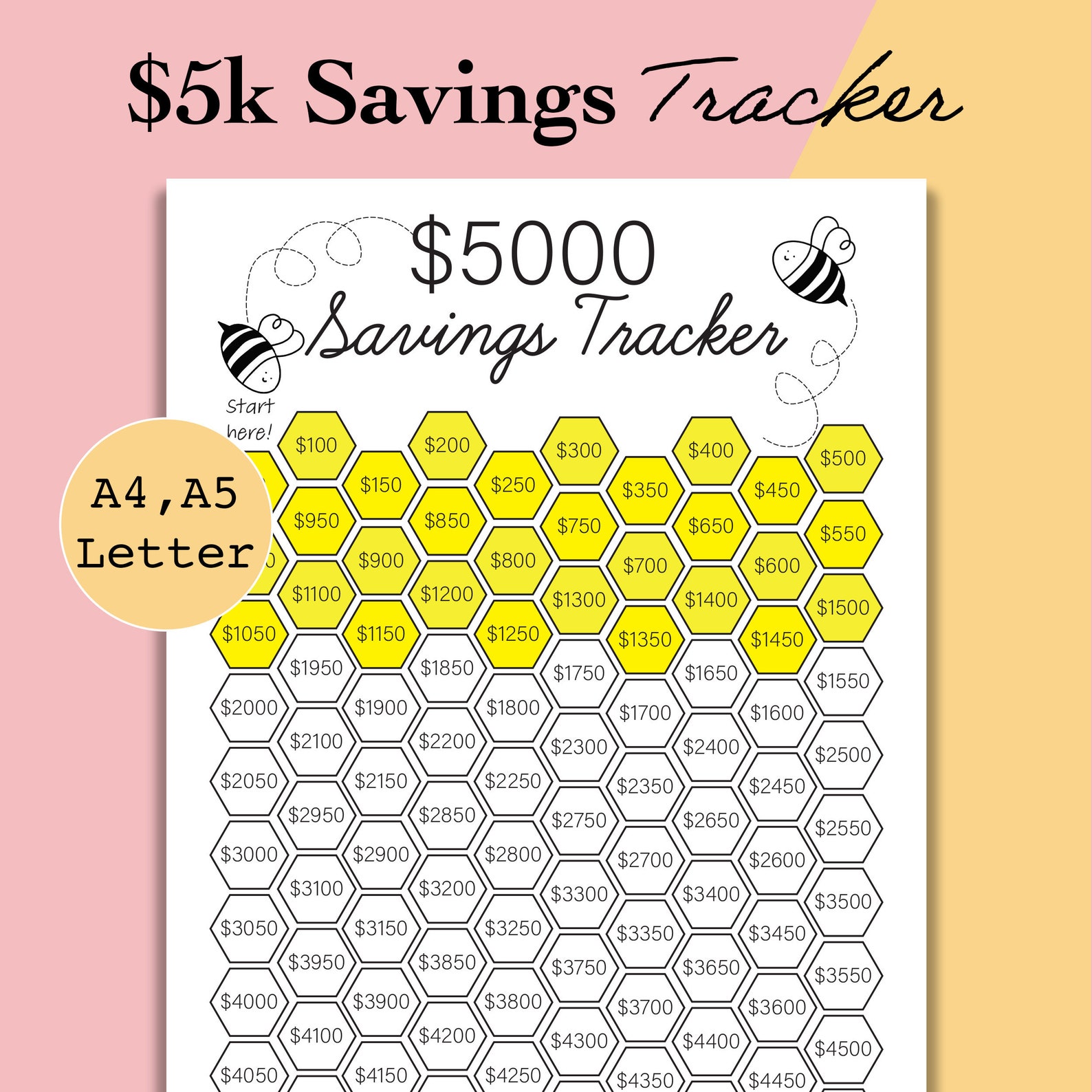 5k Savings Tracker Printable 5000 Savings Challenge Tracker - Etsy
