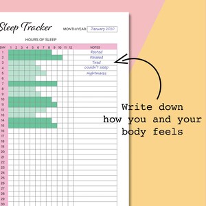 May include: A printable sleep tracker with a green and white grid for logging hours of sleep each day. The tracker includes a section for notes with the following options: Rested, Relaxed, Tired, Couldn't Sleep, Nightmares. The text "Write down how you and your body feels" is written on the right side of the page.