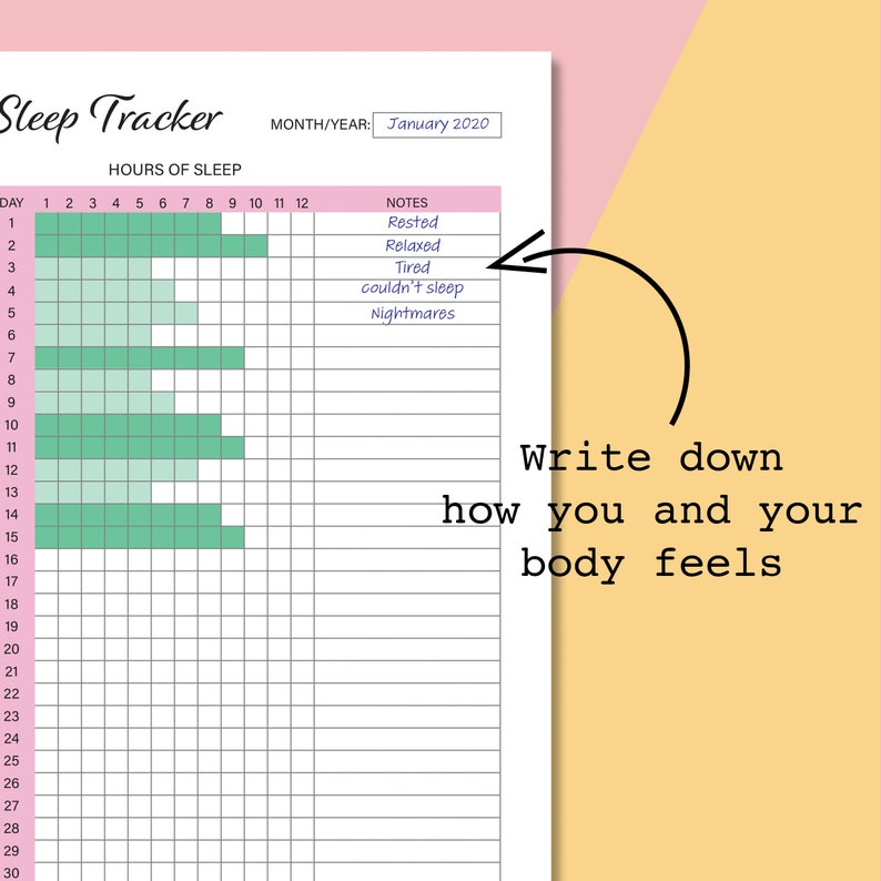 May include: A printable sleep tracker with a green and white grid for logging hours of sleep each day. The tracker includes a section for notes with the following options: Rested, Relaxed, Tired, Couldn't Sleep, Nightmares. The text "Write down how you and your body feels" is written on the right side of the page.