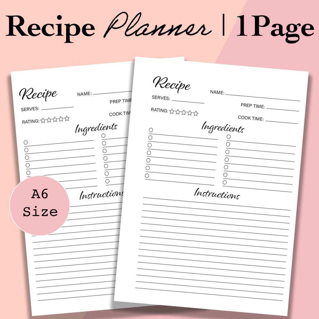 A6 Recipe Printable Page, Recipe Template PDF, Recipe Planner Insert ...