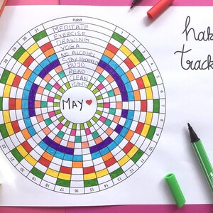 May include: A printable habit tracker for the month of May. The tracker is a circle divided into 31 sections, each representing a day of the month. The sections are colored in a rainbow pattern. The tracker includes a list of habits to track, such as meditate, exercise, drawing, yoga, no alcohol, stay hydrated, bujo, read, clean, and plants.