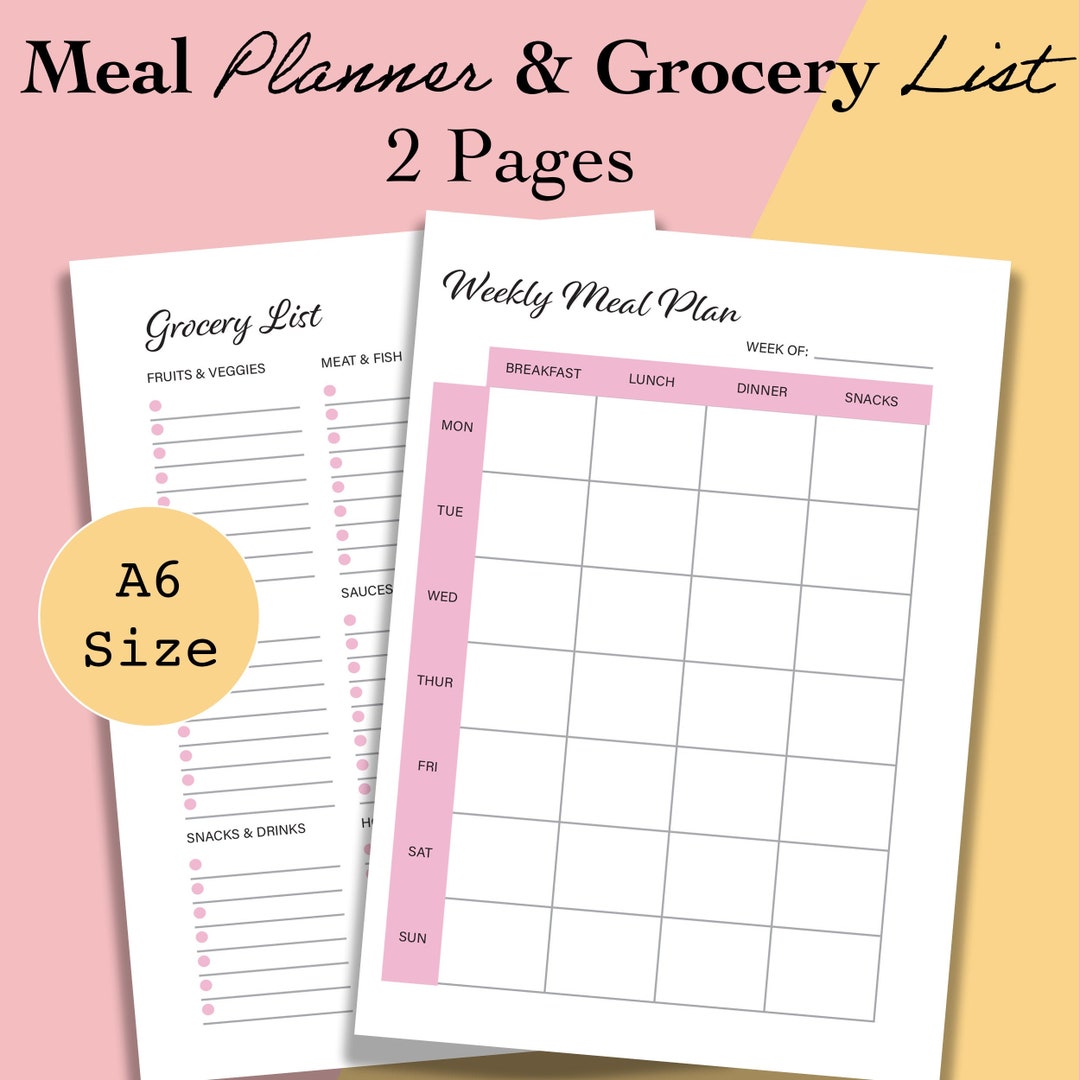 A6 Weekly Meal Planner Printable and Grocery List, Weekly Menu Planner ...