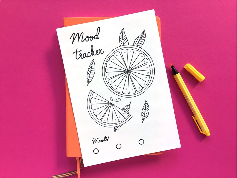 May include: A printable mood tracker with a black and white illustration of an orange slice. The text "Mood tracker" is written at the top of the page. There are three circles at the bottom of the page labeled "Moods".