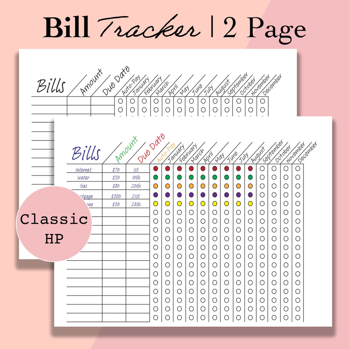 Classic Happy Planner Bill Tracker Printable Inserts - Etsy