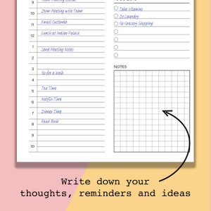 May include: A daily planner with a gridded notes section and a checklist for daily tasks. The checklist includes items like "Take Vitamins", "Do Laundry", and "Go Grocery Shopping". The planner also has a section for writing down thoughts, reminders, and ideas.