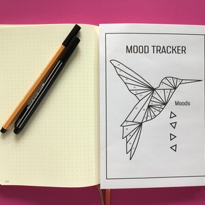K&ouml;nnte beinhalten: Ein schwarz-wei&szlig;es Mood-Tracker-Druckmuster mit einem Kolibri mit nummerierten Abschnitten. Das Druckmuster enth&auml;lt den Text "MOOD TRACKER" und "Moods" mit einer Reihe von Dreiecken darunter.